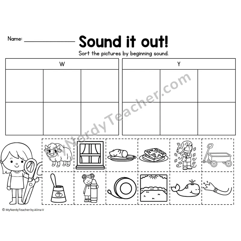 Beginning Sound Sort — Letters W, Y Cut and Paste Picture Sort