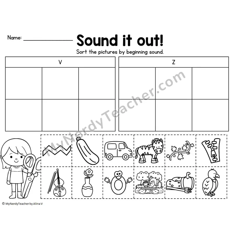Beginning Sound Sort — Letters V, Z Cut and Paste Picture Sort