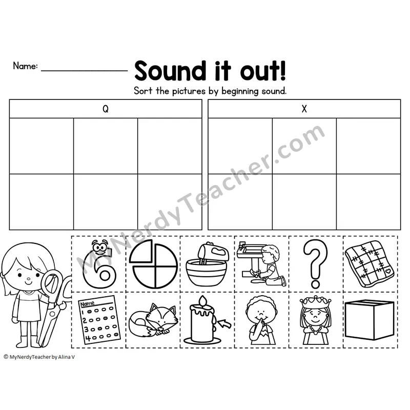Beginning Sound Sort — Letters Q, X Cut and Paste Picture Sort