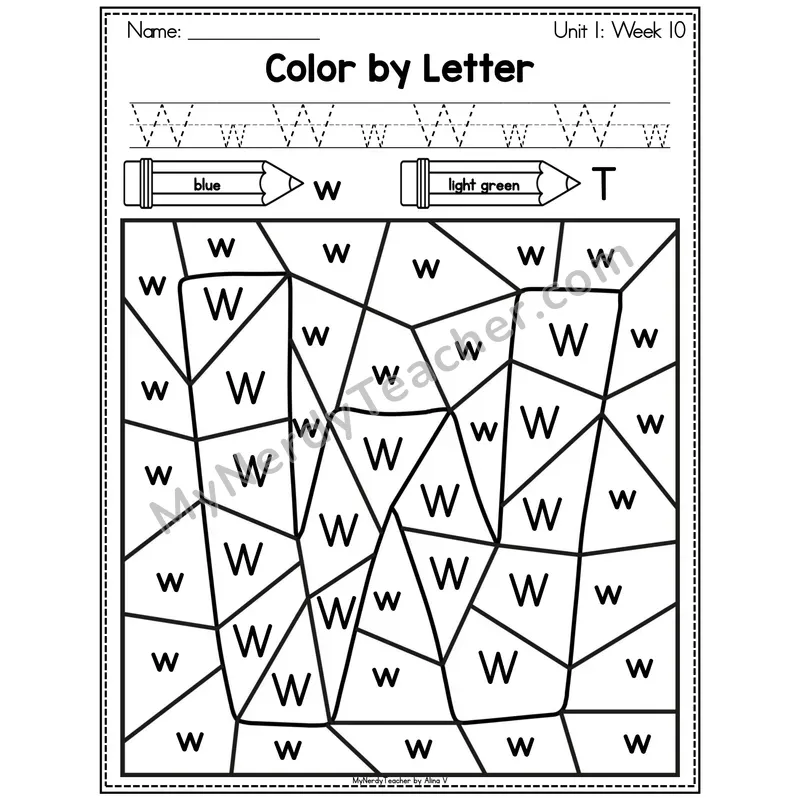 Letter W Color by Code Worksheet — Uppercase and Lowercase Letter Recognition