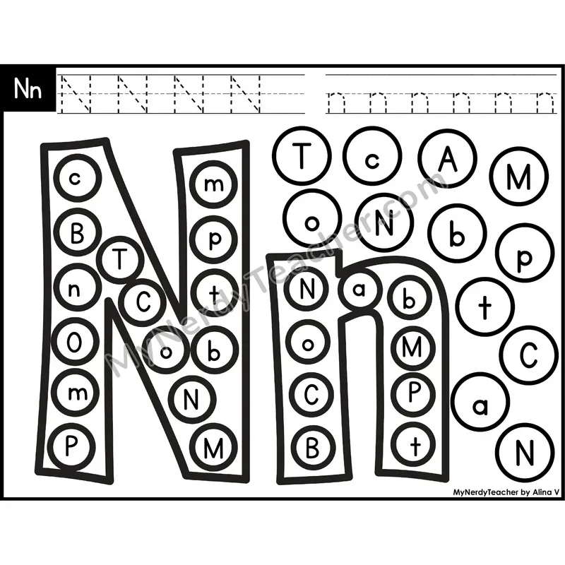 Letter Nn Dab a Dot Worksheet — Uppercase and Lowercase Letter Recognition
