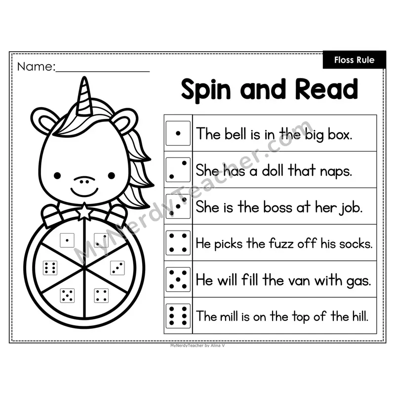 Spin and Read Phonics Sentences — Floss Rule ff ll ss zz