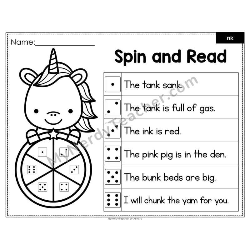Spin and Read Phonics Sentences — nk Digraph