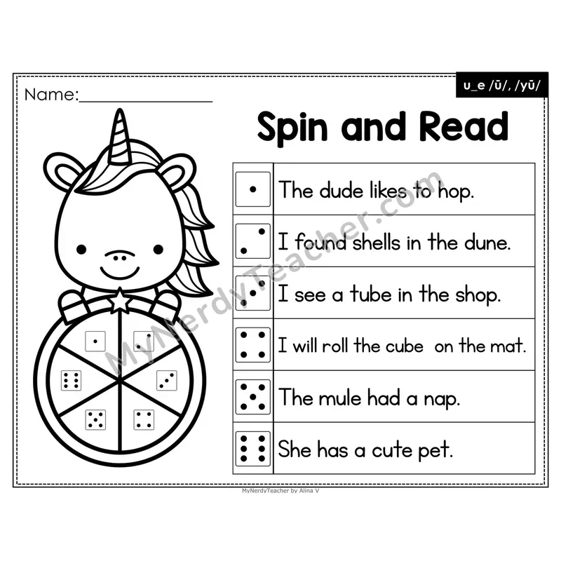 Spin and Read Phonics Sentences — u_e Silent e Long u