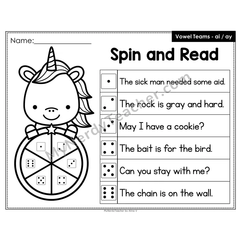 Spin and Read Phonics Sentences — ai ay Vowel Team