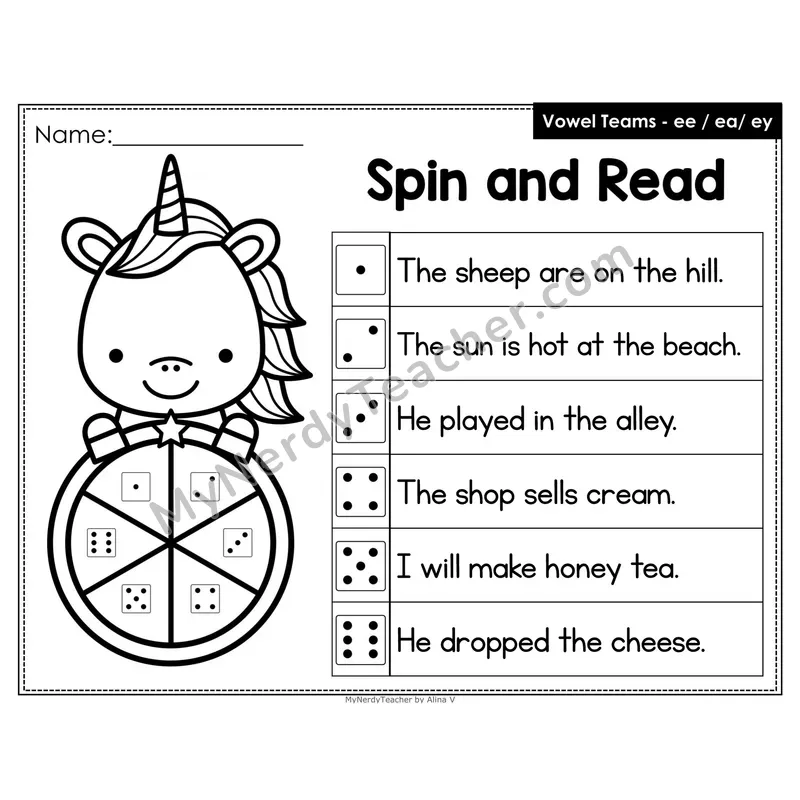Spin and Read Phonics Sentences — ee ea ey Vowel Team
