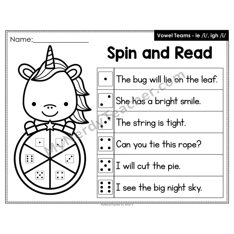 Spin and Read Phonics Sentences — ie igh Vowel Team