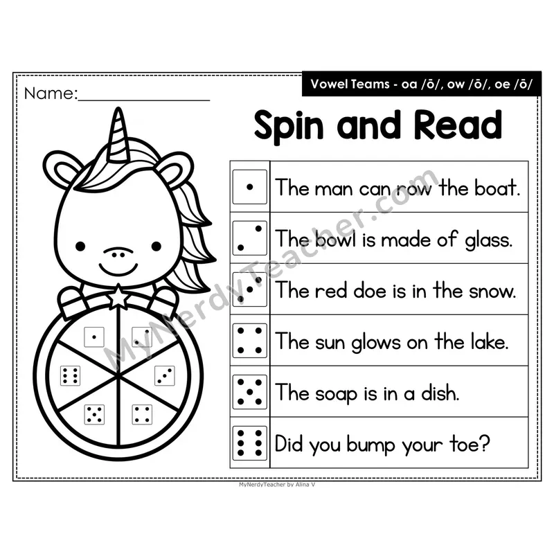 Spin and Read Phonics Sentences — oa ow oe Vowel Team