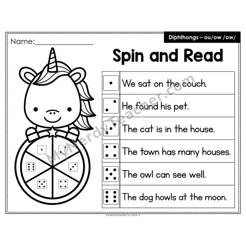 Spin and Read Phonics Sentences — ou ow Diphthong