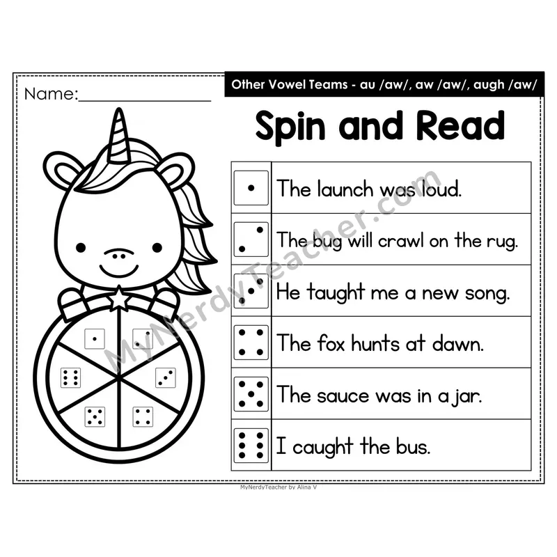 Spin and Read Phonics Sentences — au aw augh Vowel Team