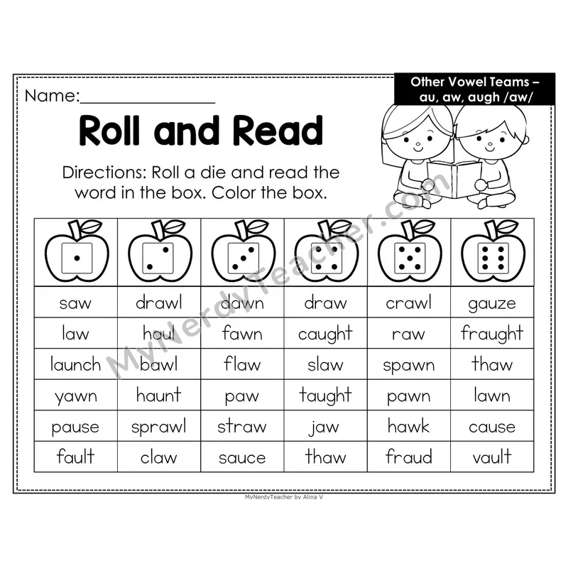 Roll and Read Phonics Words — au aw augh Vowel Team