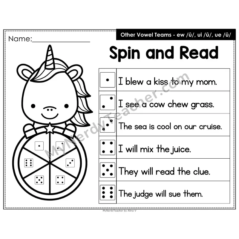 Spin and Read Phonics Sentences — ew ui ue Vowel Team (Editable PowerPoint)