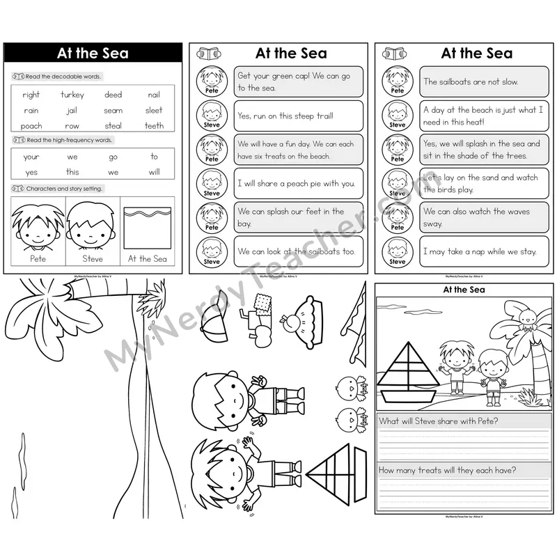 Vowel Teams Decodable Reader — At the Sea B&W
