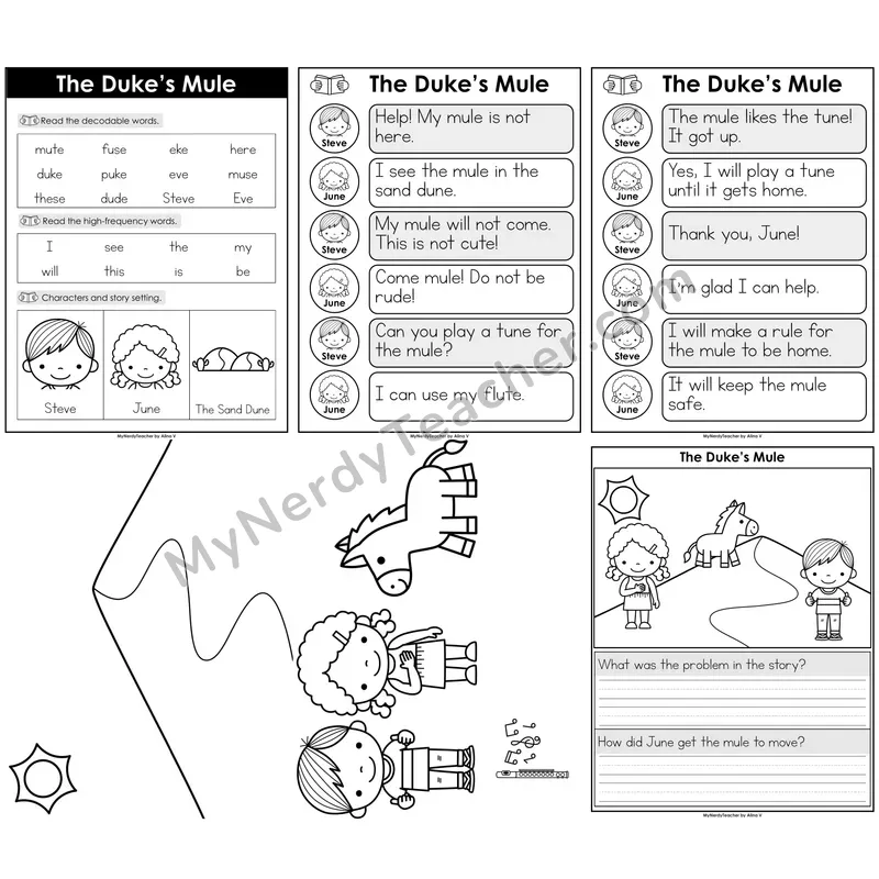 CVCe Long U & E (u_e, e_e) Decodable Reader — The Duke's Mule B&W