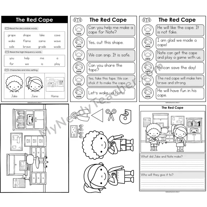 CVCe Long A (a_e) Decodable Reader — The Red Cape B&W