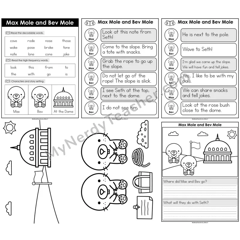 CVCe Long O (o_e) Decodable Reader — Max Mole and Bev Mole B&W
