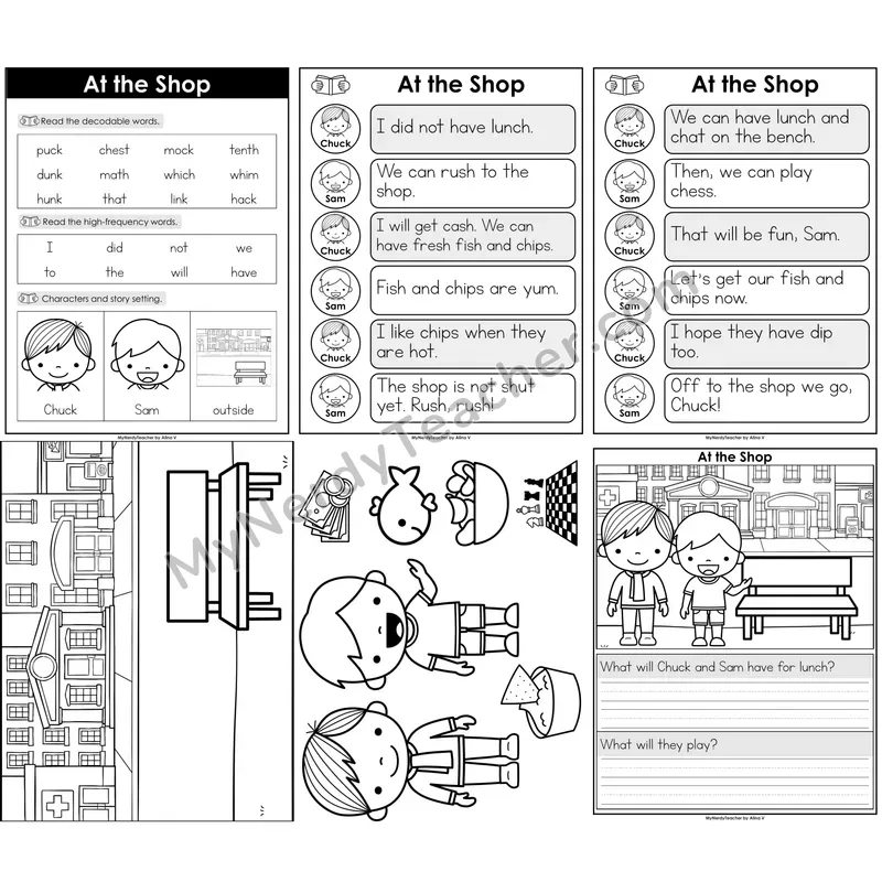 Digraphs Decodable Reader — At the Shop B&W