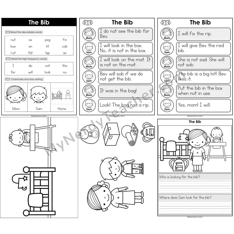 Short Vowel CVC Decodable Reader — The Bib B&W