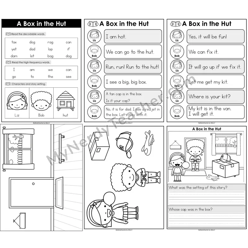 Short Vowel CVC Decodable Reader — Box in the Hut B&W