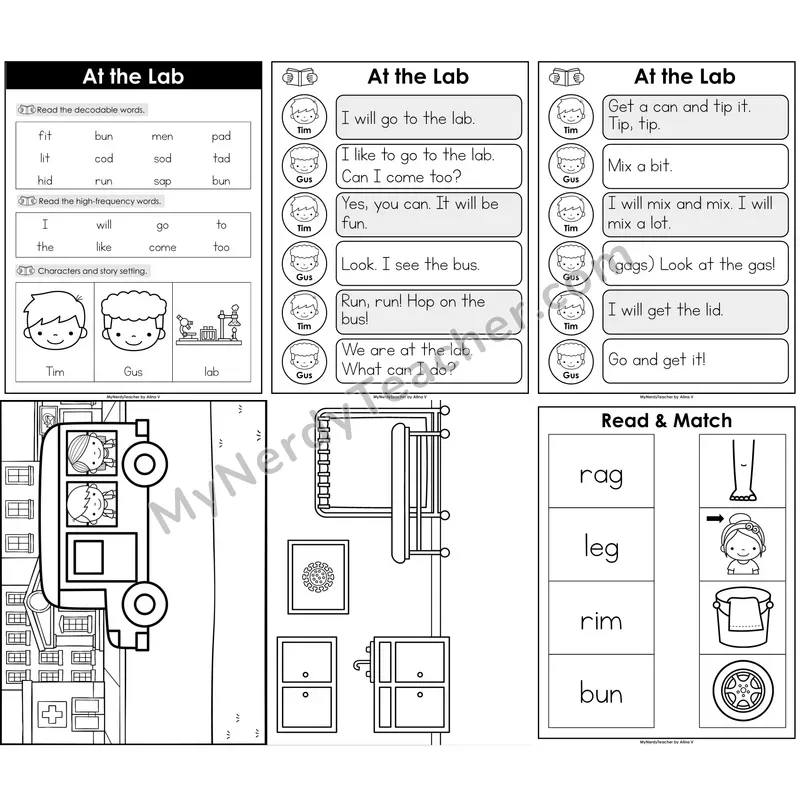Short Vowel CVC Decodable Reader — At the Lab B&W