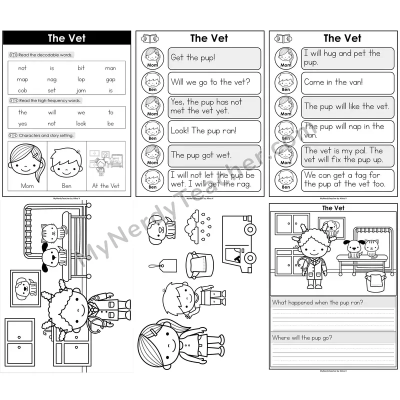 Short Vowel CVC Decodable Reader — The Vet B&W