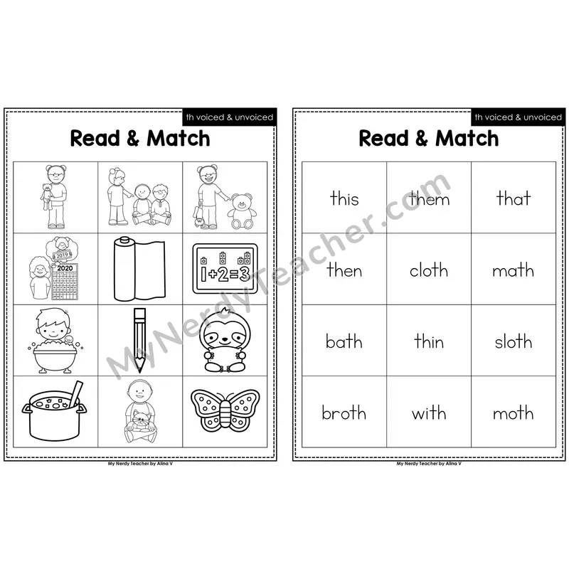 th voiced and unvoiced Read and Match (Black & White)