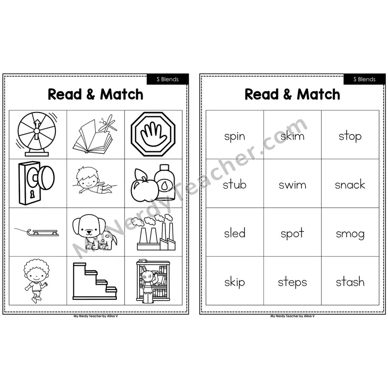 S Blends Read and Match (Black & White)