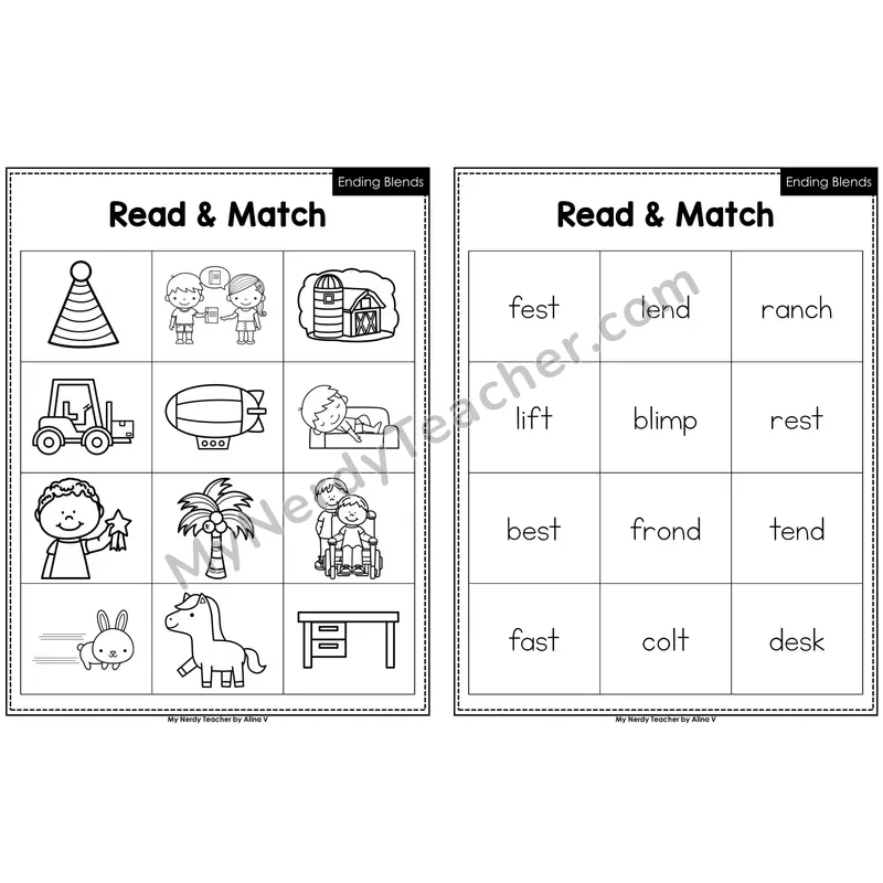 Ending Blends Read and Match (Black & White)