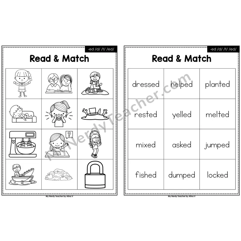 Suffix -ed Read and Match (Black & White)