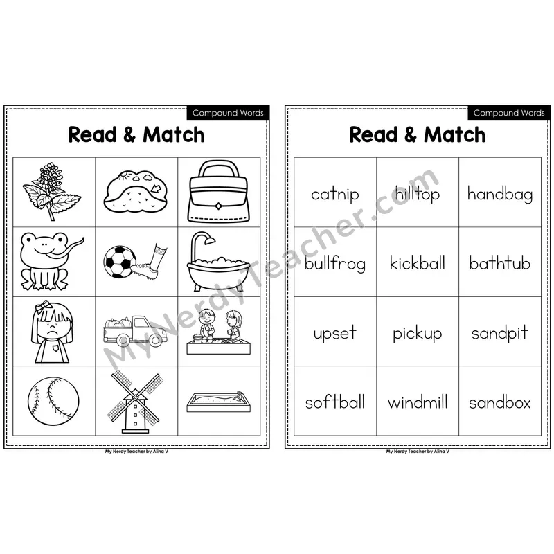 Compound Words Read and Match (Black & White)