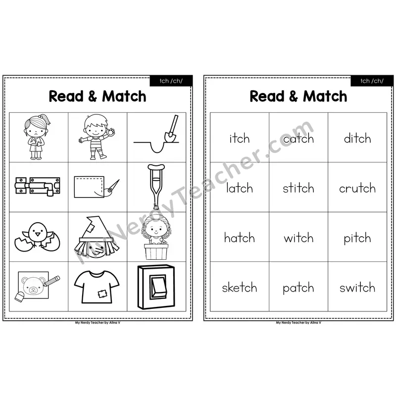 tch trigraph Read and Match (Black & White)