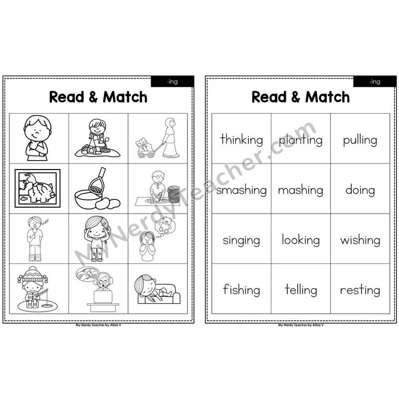 Suffix -ing Read and Match (Black & White)