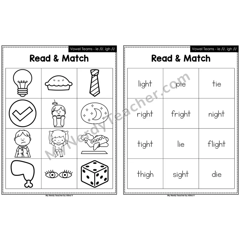 Vowel Teams ie, igh Read and Match (Black & White)