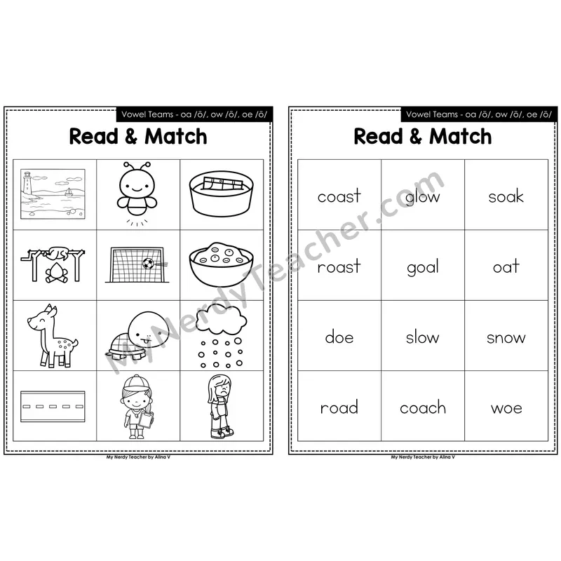 Vowel Teams oa, ow, oe Read and Match (Black & White)