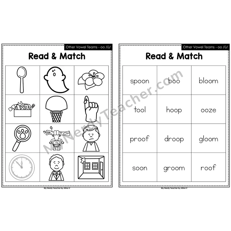 Other Vowel Teams short oo Read and Match (Black & White)