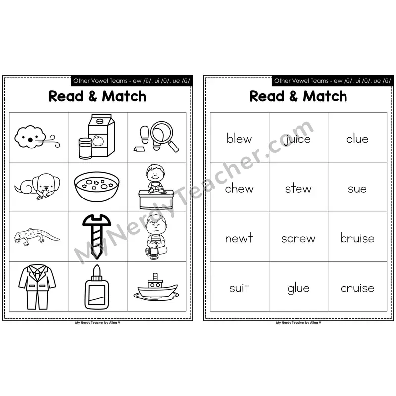 Other Vowel Teams ew, ui, ue Read and Match (Black & White)
