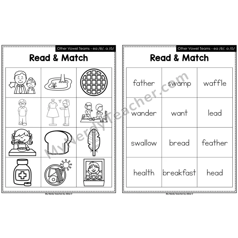 Other Vowel Teams ea short e, a short o Read and Match (Black & White)