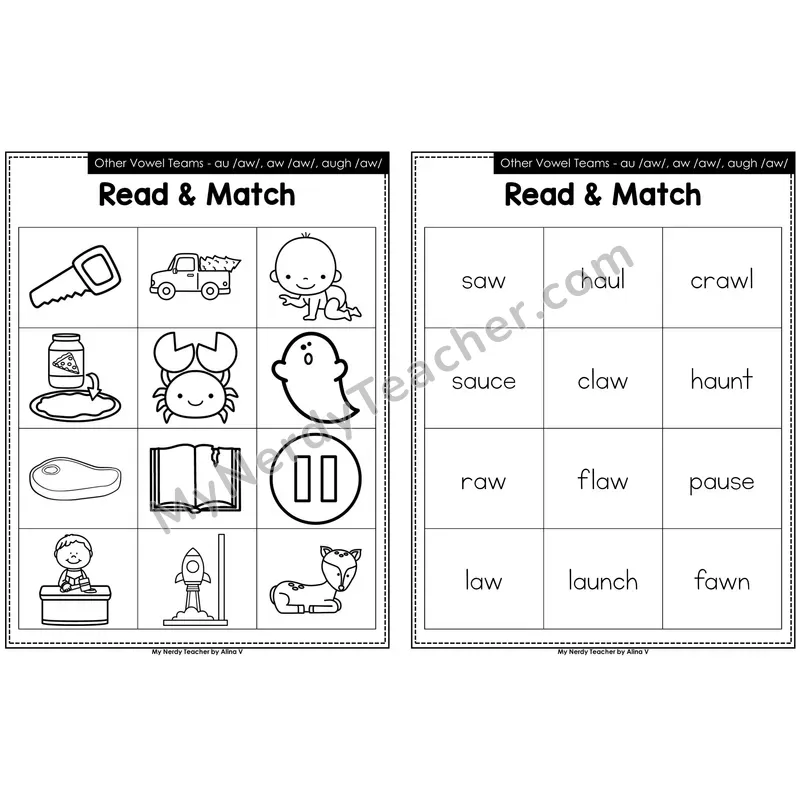 Other Vowel Teams au, aw, augh Read and Match (Black & White)