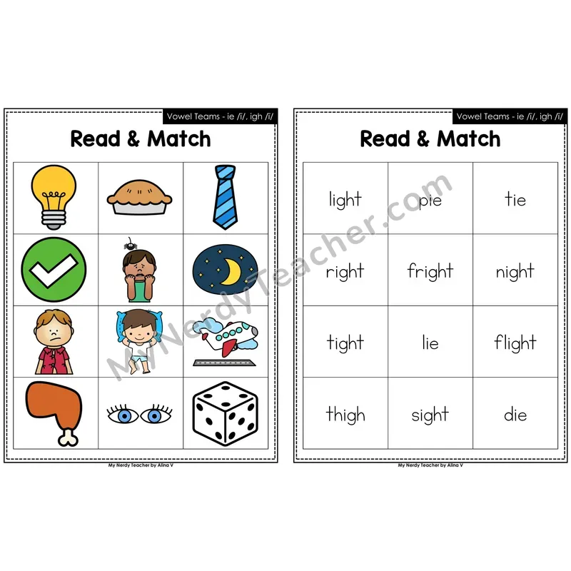 Vowel Teams ie, igh Read and Match