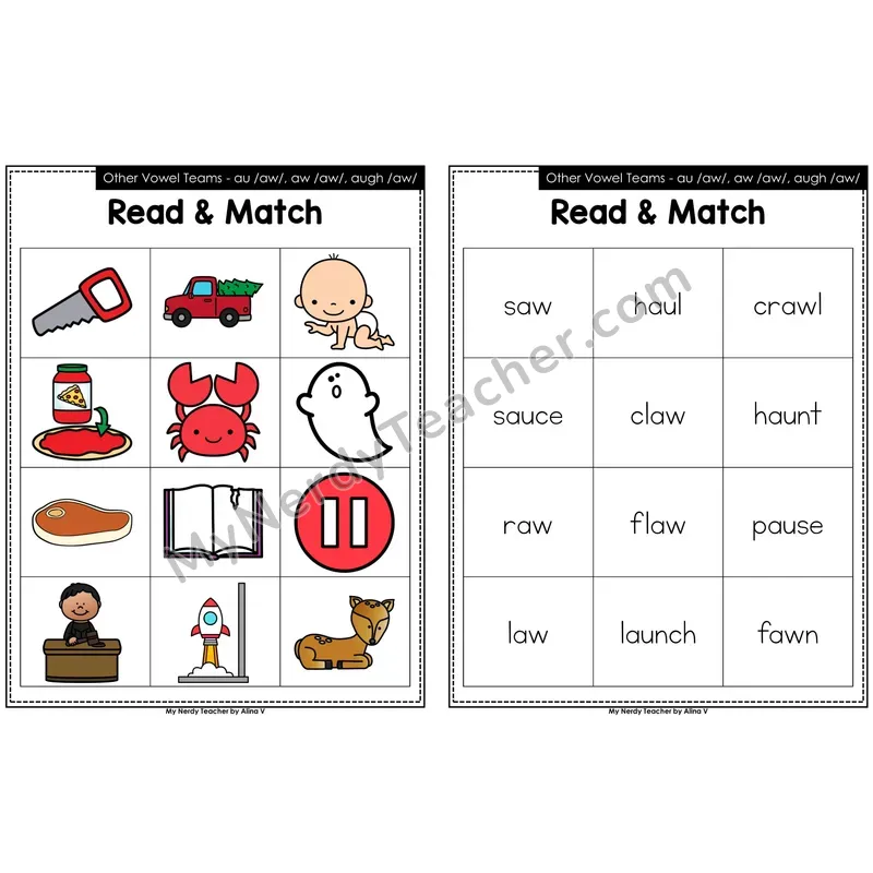 Other Vowel Teams au, aw, augh Read and Match