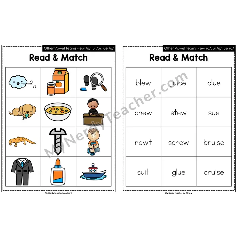Other Vowel Teams ew, ui, ue Read and Match
