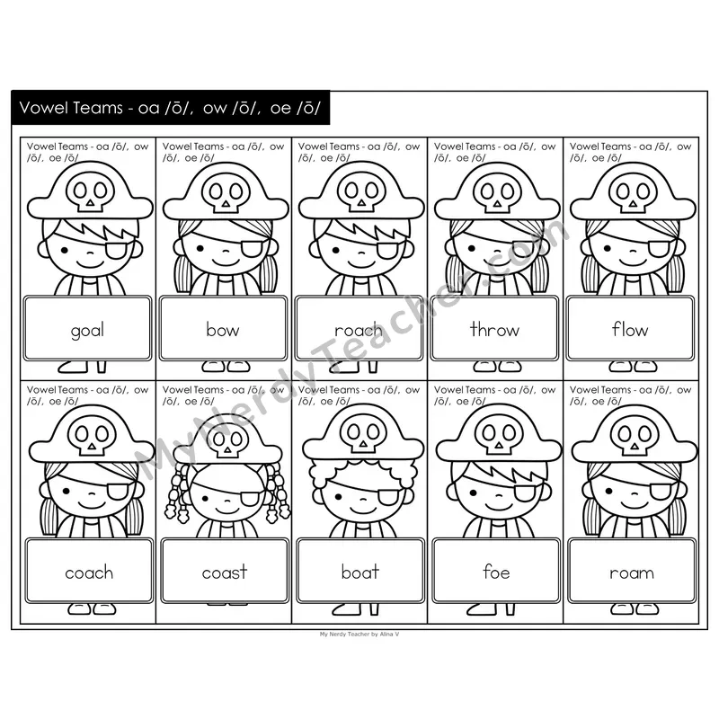 Vowel Teams oa, ow, oe Treasure Hunt (Black & White)
