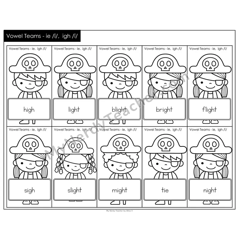 Vowel Teams ie, igh Treasure Hunt (Black & White)