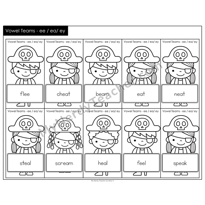 Vowel Teams ee, ea, ey Treasure Hunt (Black & White)