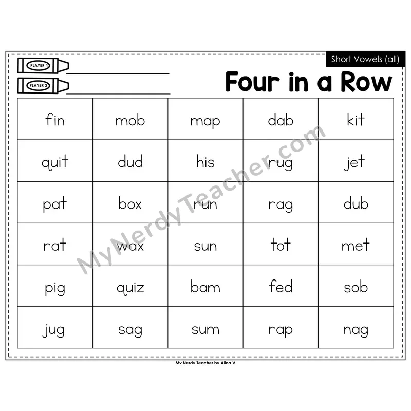 Short Vowels Review Four in a Row (Black & White)