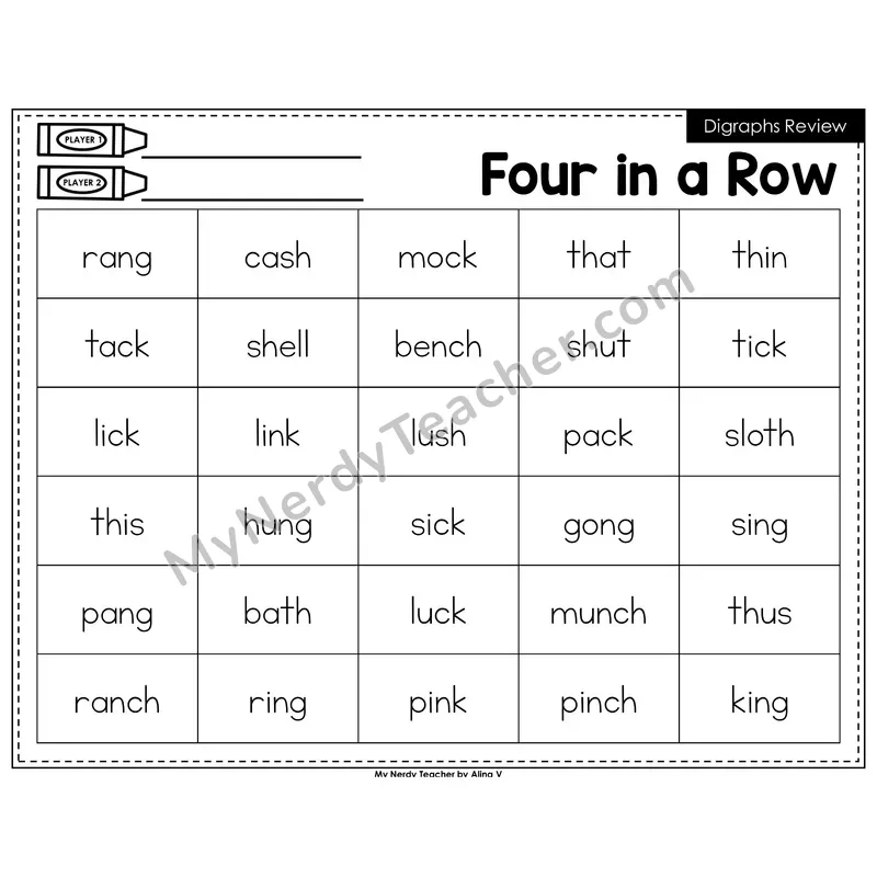 Digraphs Review Four in a Row (Black & White)