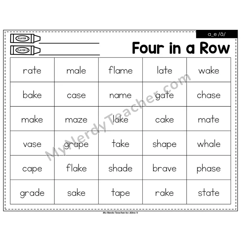 a_e (long a VCe) Four in a Row (Black & White)