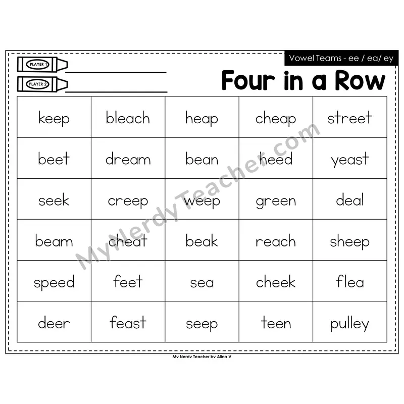 Vowel Teams ee, ea, ey Four in a Row (Black & White)