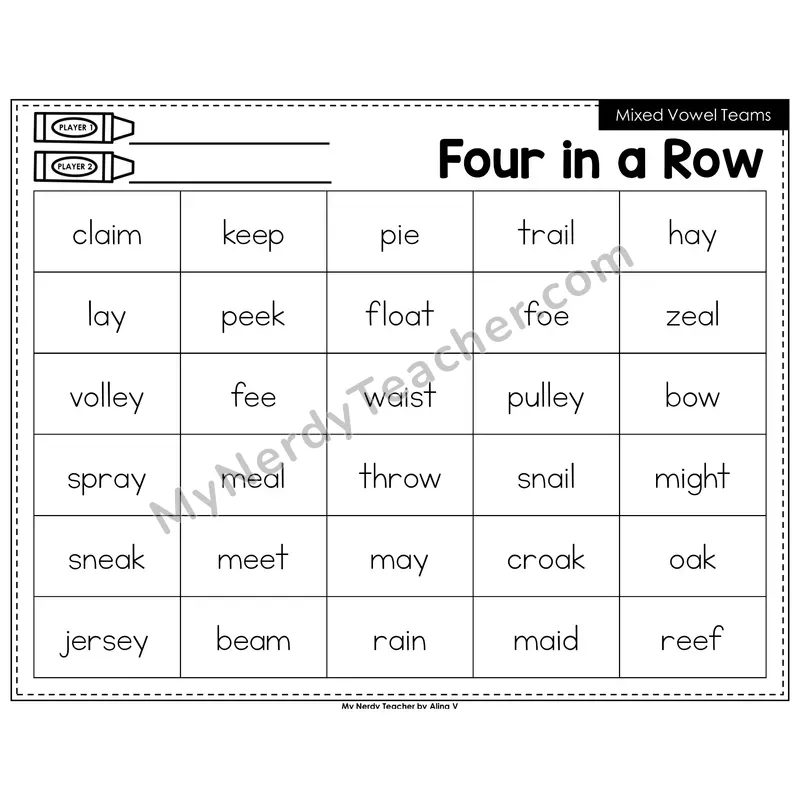 Mixed Vowel Teams Four in a Row (Black & White)