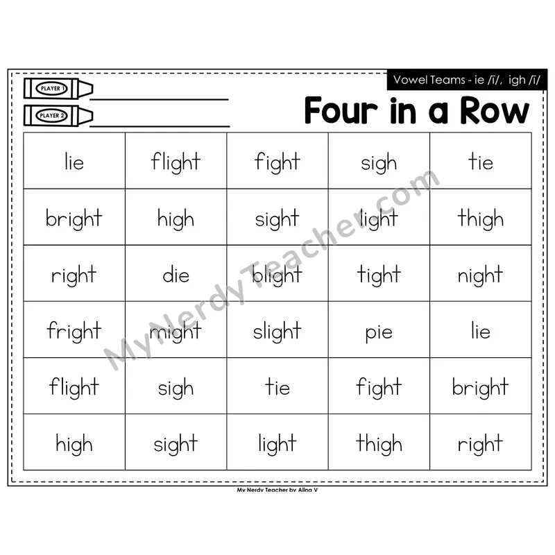 Vowel Teams ie, igh Four in a Row (Black & White)